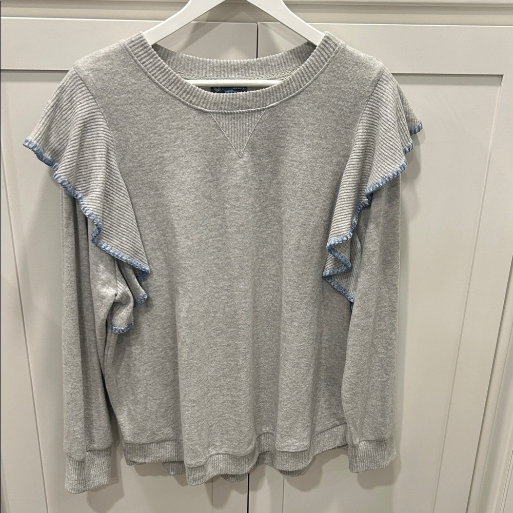 Democracy Brushed Sweater Knit Ruffled Top Light Heather‎ Gray Blue Ruffle Trim - Picture 3 of 15